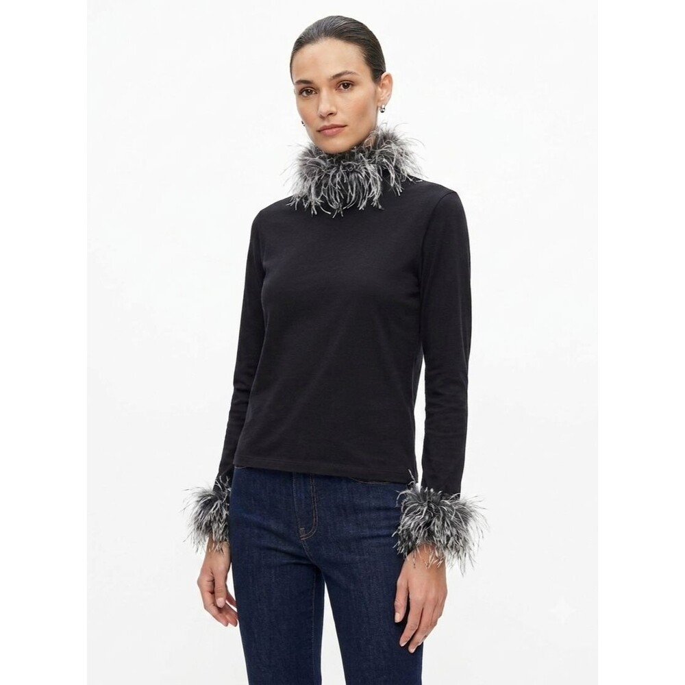 Vintage 90s Black Turtleneck Fringe Top Womens One Size Made in USA Artsy